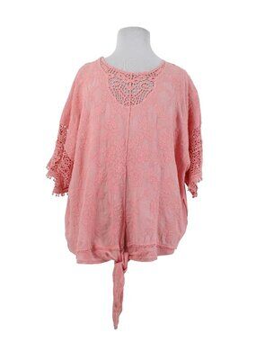 Lane Bryant Top $60 Sz 26/28 Pink Embroidered Tie Cotton Rayon Top